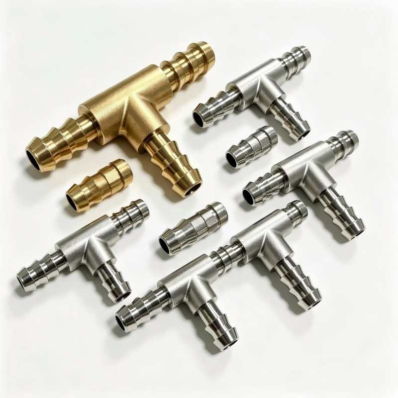 Custom CNC machined Stainless Steel/Brass Tee Shaped Barb Connector for Fluid/Air Systems